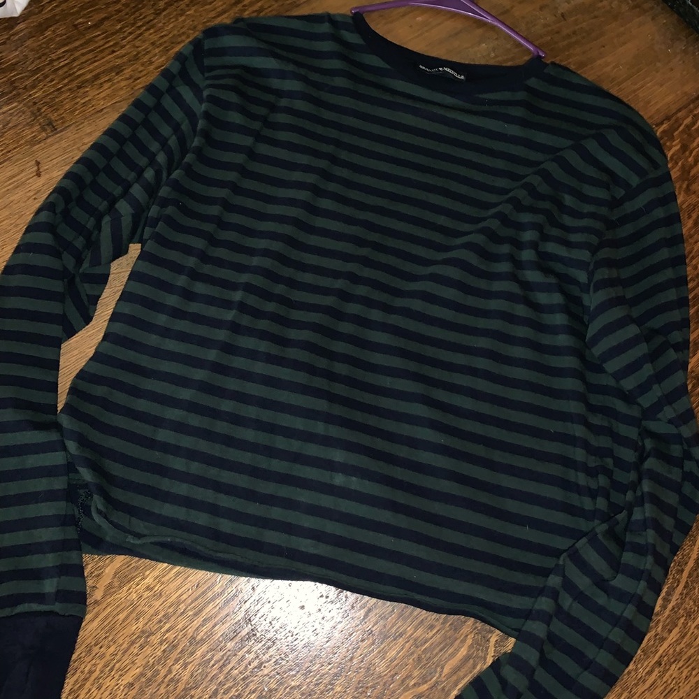 Brandy Melville Green and Black Striped Long Sleeve Tee